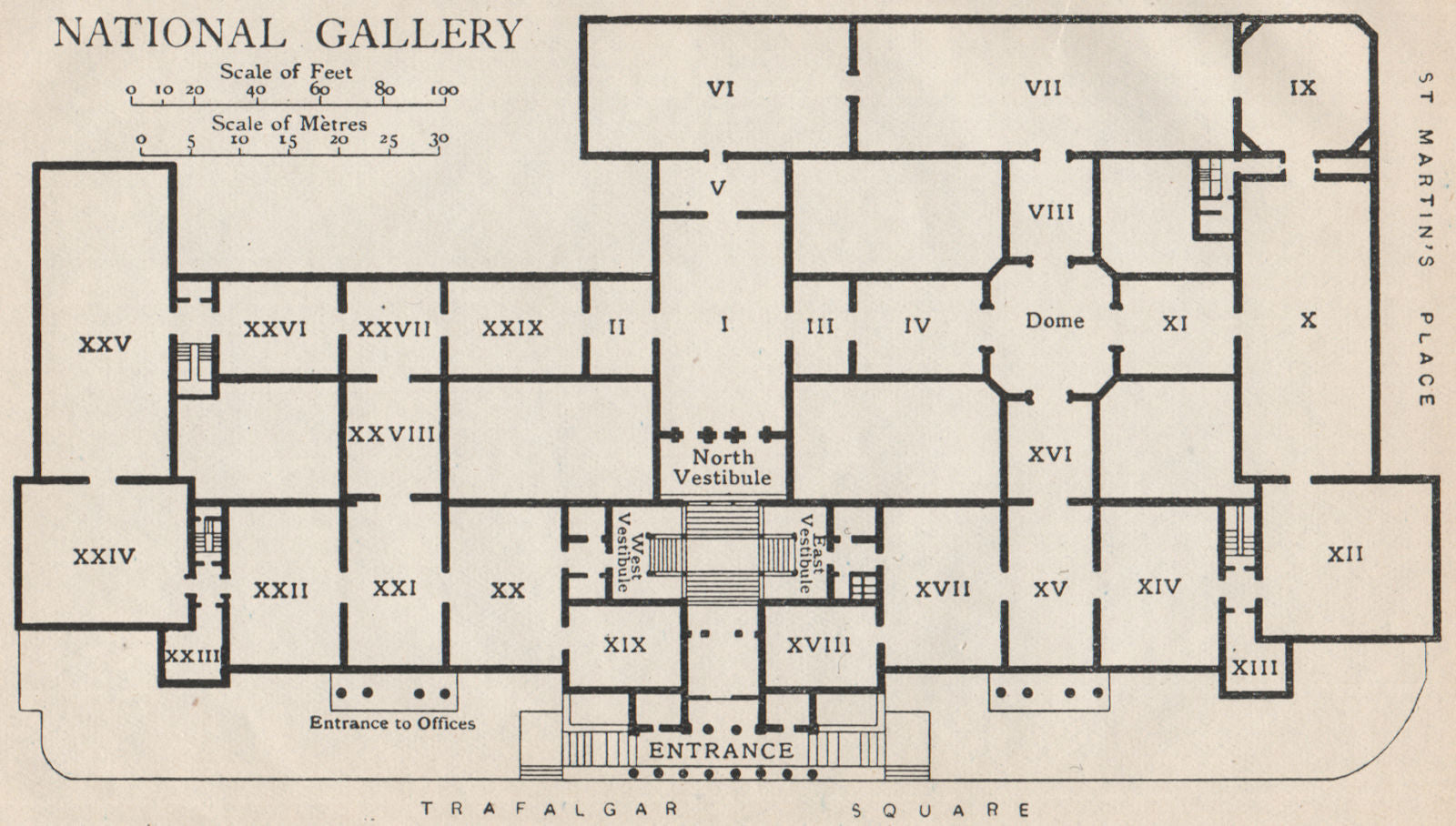 NATIONAL GALLERY. Vintage map plan. London 1927 old vintage chart